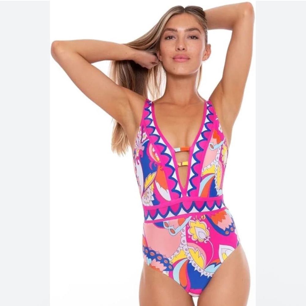 Trina Turk Sevilla Plunge One-Piece Swimsuit Pink Size 8 - Picture 3 of 9
